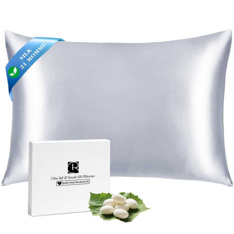 Ravmix Silk Pillow Cases with Zipper, 21momme Mulberry Silk Pillowcase for Hair Skin Health, Soft Smooth Breathable Cool Pillow Cover for Beauty Sleep with Gift Box 1PC(King 20"x36", Silver Grey) - Image 1